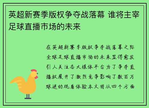 英超新赛季版权争夺战落幕 谁将主宰足球直播市场的未来